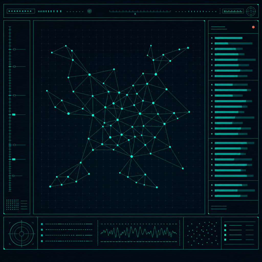 Studio interface mockup on a thin laptop on a wooden desk: an abstract knowledge‑graph visualisation in the main panel, an inspector strip on the right